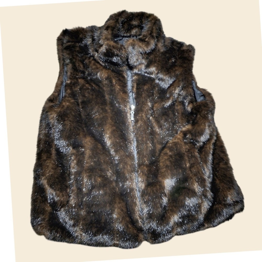 Worthington Womens Faux Fur Vest Dark Brown Black Zip Up Mock Neck Medium